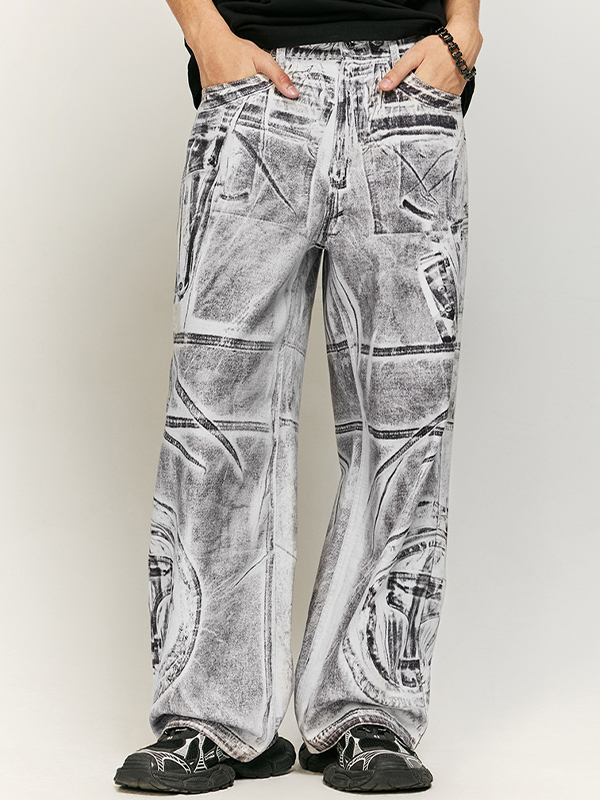 Schwere Jeans mit strukturiertem Druck in Schwarz und Grau