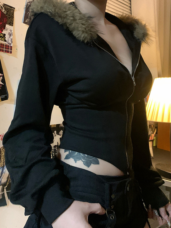 Retro Streetstyle Kapuzenjacke mit Fellkragen und Patchworkdetails