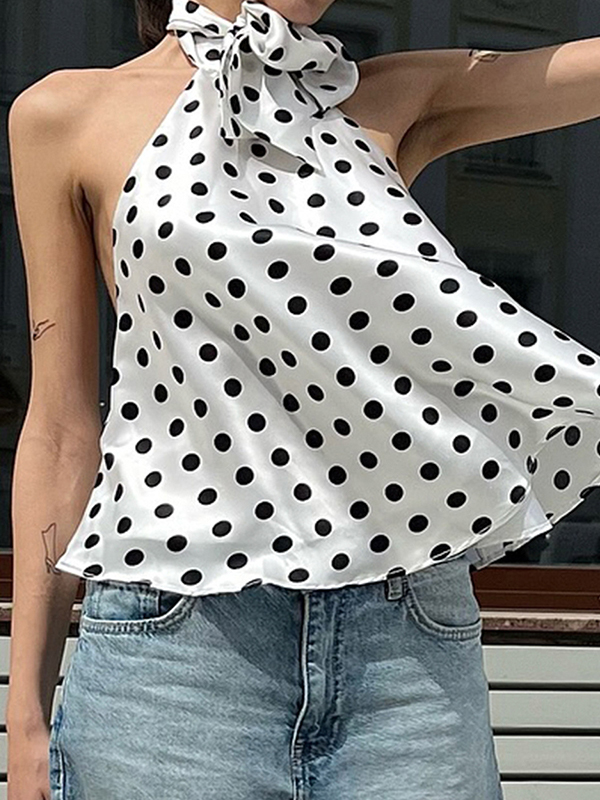 Camisole-Top aus Satin mit Schleifenkragen und Punktemuster