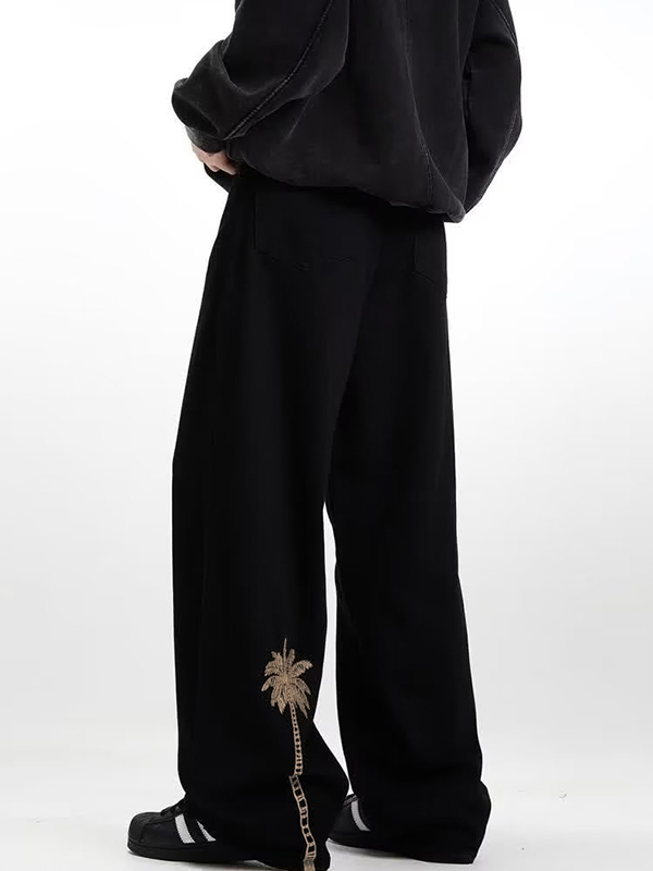 Herren-Jeans mit Kokosnussbaum-Stickerei und Kordelzug, lockere Passform