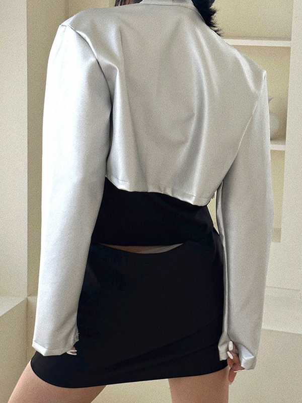 Silberne kurze Lederjacke mit Stehkragen