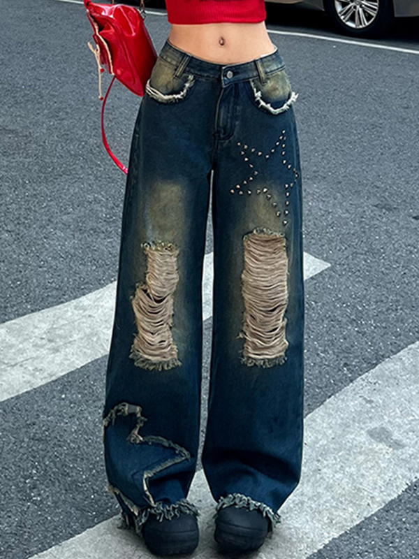 Zerrissene Jeans mit Raw Edge Gradient Star Strass