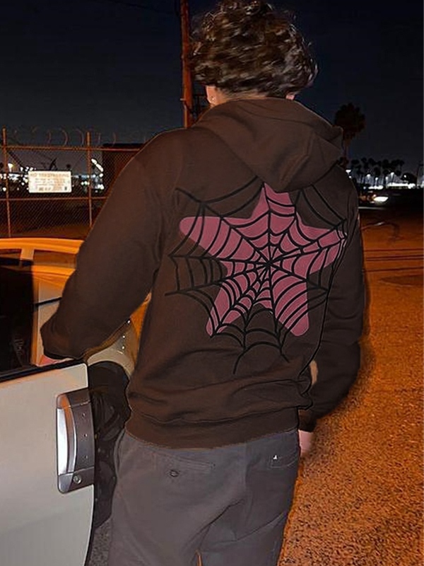 Übergroßer Kapuzenpullover mit kontrastierendem Spinnennetz-Print für Herren