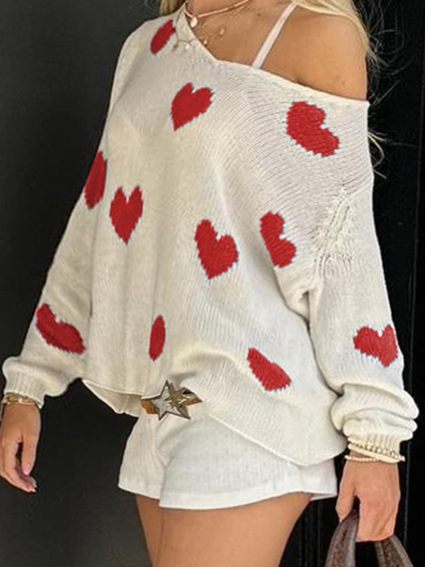 Lockere Langarmstrickjacke mit Herz-Print