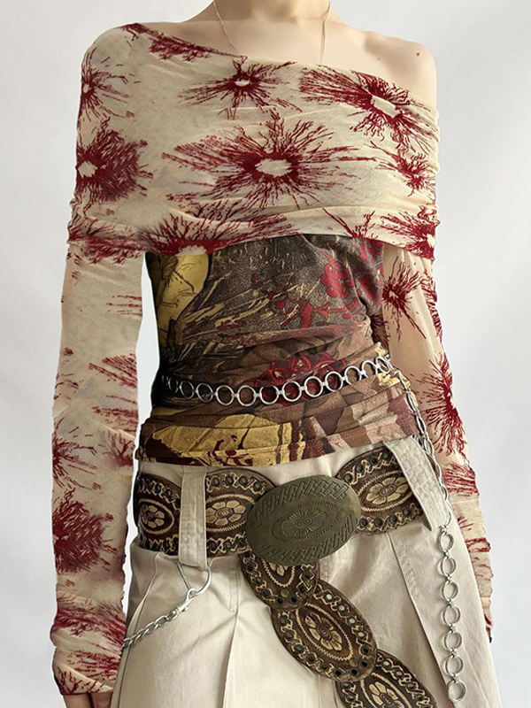 Langarm-T-Shirt mit One-Shoulder-T-Shirt und Netzstoff