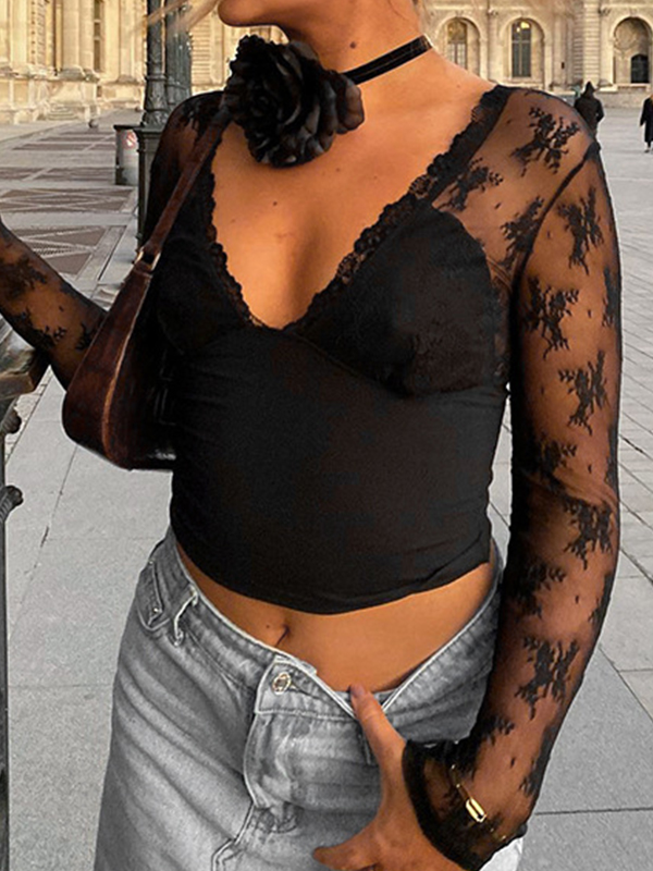 Langärmliges Spitzen-T-Shirt