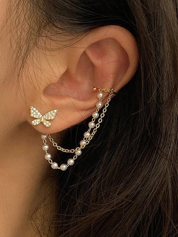 Faux-Perlen-Quasten-Strass-Schmetterlings-Ohrring
