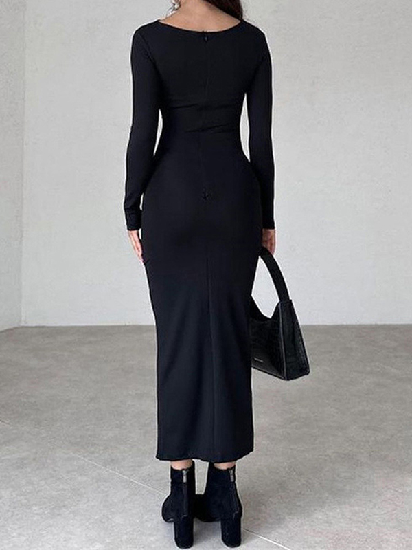 Schmal geschnittenes, einfarbiges, temperamentvolles, langes, hüftumwickeltes Kleid