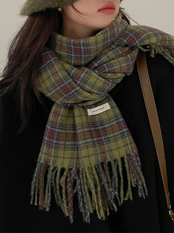 Vintage grün karierter Schal mit Fransen