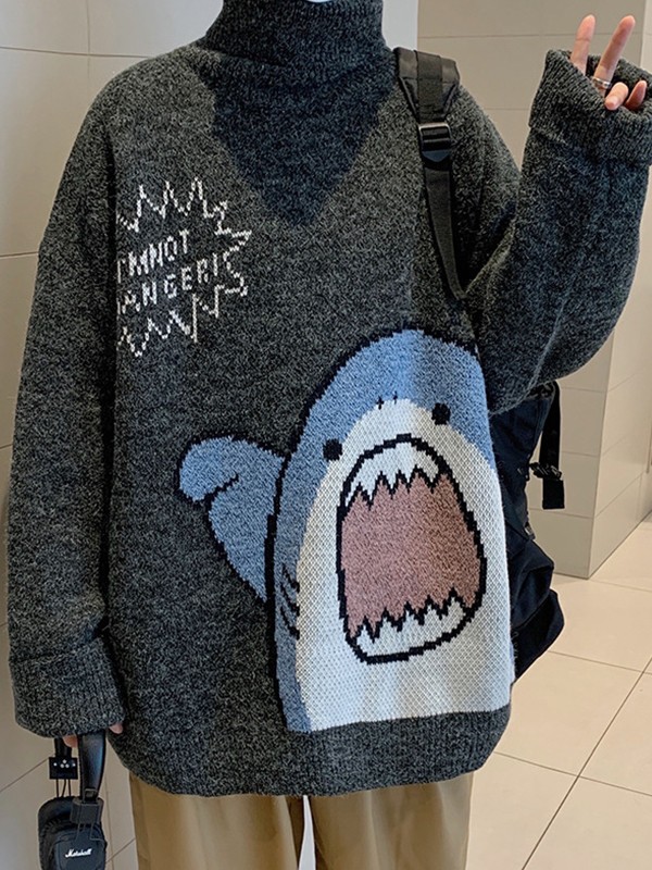Rollkragen-Pullover mit Cartoon-Haifisch für Herren