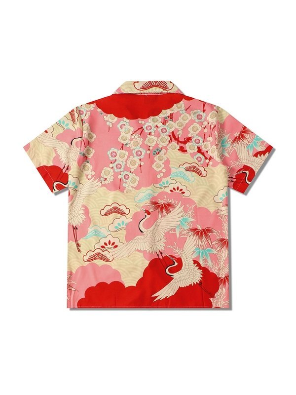 Kurzärmliges Button-Down-Hemd mit Kranich-Print für Herren