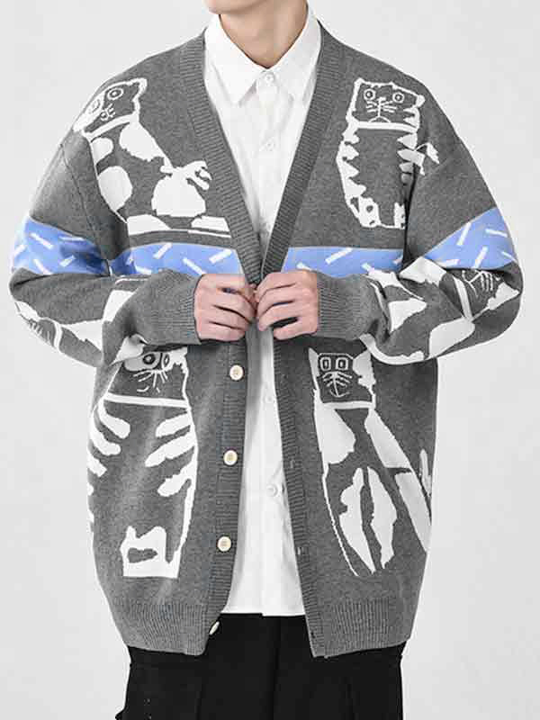 Herren-Pullover mit V-Ausschnitt und Cartoon-Print